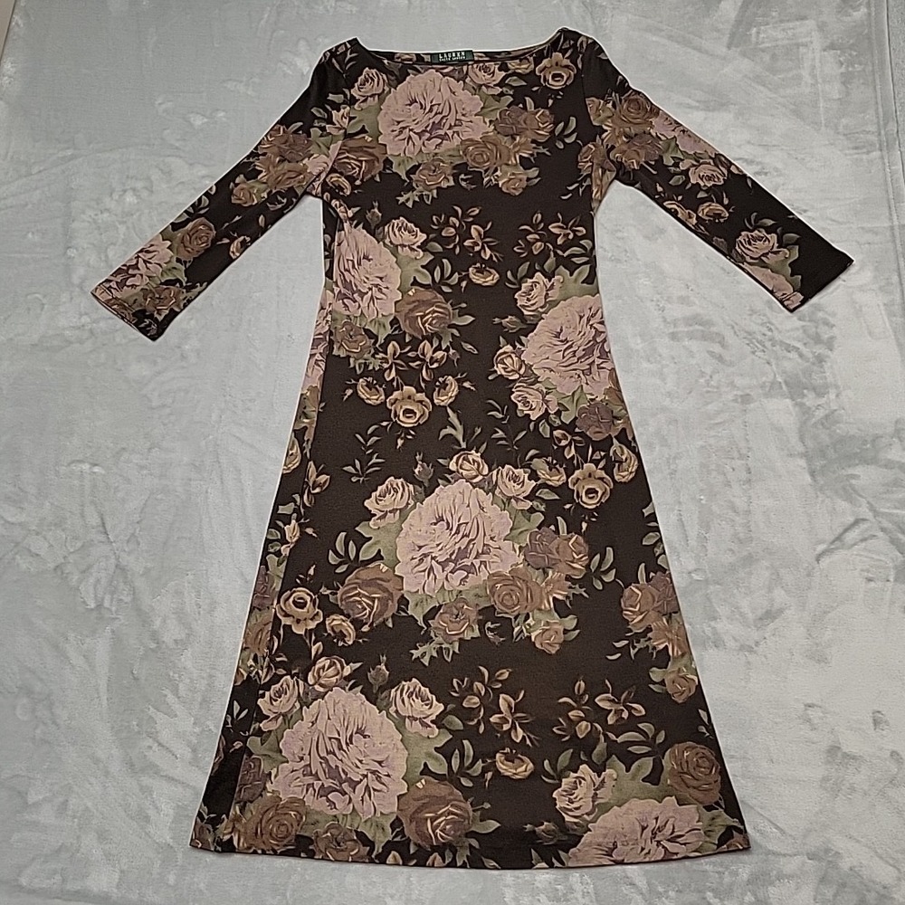 Lauren Ralph Lauren Dress Womens Small Brown Floral Silk Wool Knit Sheath Midi